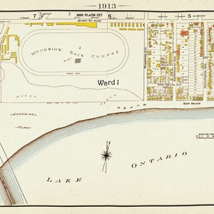 Plaat 104, Toronto East, The Beach, Woodbine Race Course, 1913, kaart op zwaar katoenen doek, 20 x 30" of 50 x 75cm. ca.
