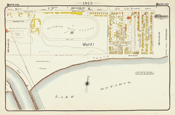 Plate 104, Toronto East, The Beach, Woodbine Race Course, 1913, map on heavy cotton canvas, 20 x 30" or 50 x 75cm. approx.