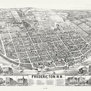 Fredericton, Nouveau-Brunswick, 1888, carte sur toile de coton durable, 50 x 70 cm, 20 x 25" environ.