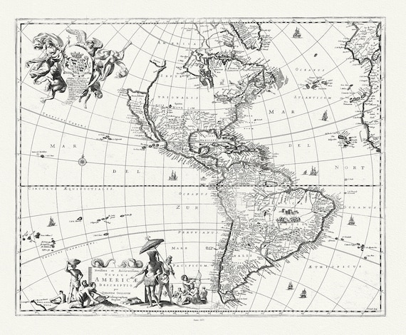 Ogilby et Montanus, Novissima et Accuratissima Totius Americae Descriptio, 1671, map on durable cotton canvas, 50 x 70 cm, 20 x 25" approx.