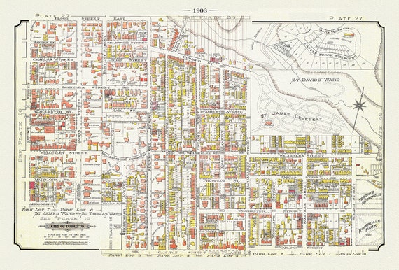 Plate 27, Toronto East, St. James, Cabbagetown North, 1903, map on heavy cotton canvas, 20 x 30" or 50 x 75cm. approx.