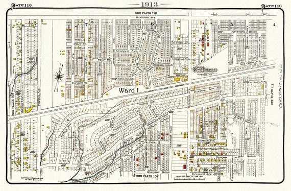 Plate 110, Toronto East, Danforth, Woodbine, 1913, map on heavy cotton canvas, 20 x 30" or 50 x 75cm. approx.