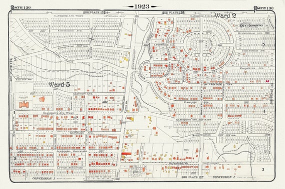 Plate 130, Toronto North, Lawrence Park , North of Blythewood, 1923, Map on heavy cotton canvas, 18x27in. approx.