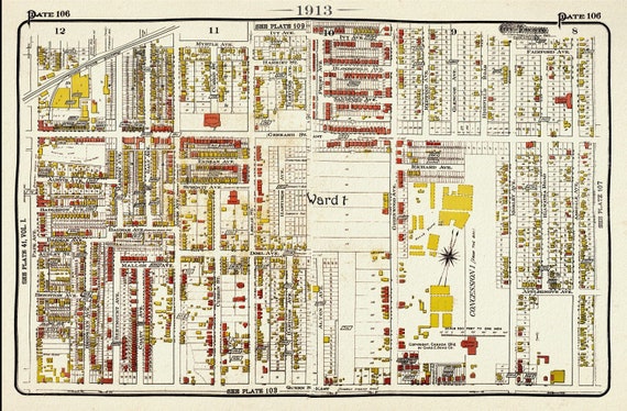 Plate 106, Toronto East, Riverdale, Leslieville, 1913, map on heavy cotton canvas, 20 x 30" or 50 x 75cm. approx.