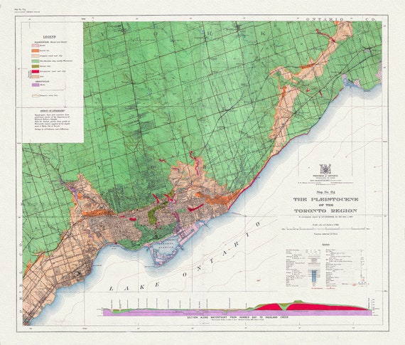 Toronto: Map of the Pleistocene of the Toronto Region, 1932 , map on heavy cotton canvas, 22x27" approx.