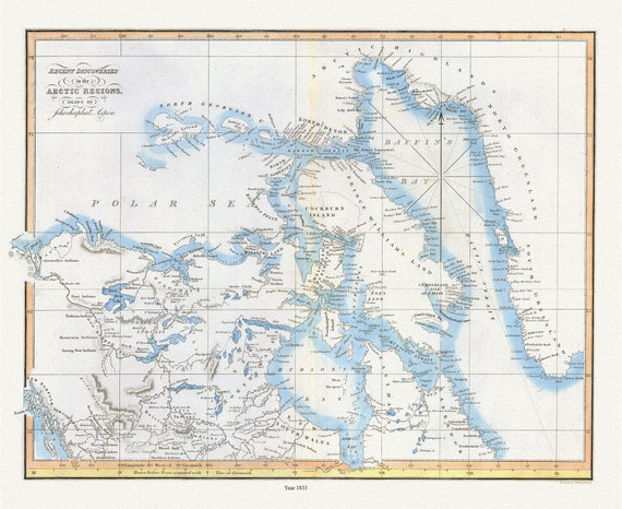 Recent discoveries in the Arctic Regions, 1833, Aspen auth.  , map on durable cotton canvas, 50 x 70 cm, 20 x 25" approx.