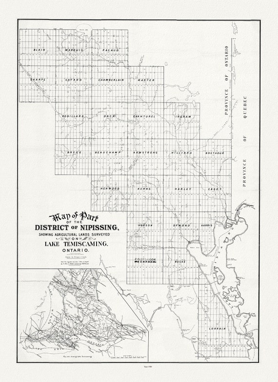 Map of part of the district of Nipissing showing agricultural lands surveyed on Lake Temiscaming, Ontario, 1901