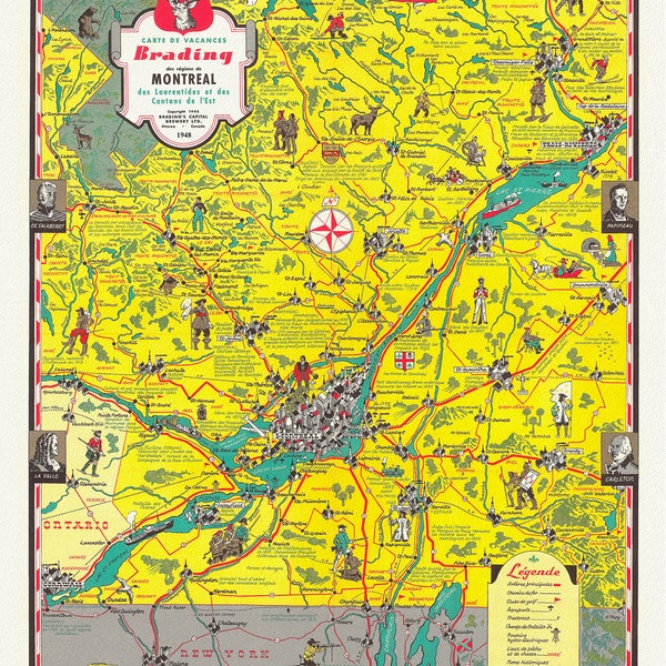 Montreal, Carte des Vacances des regions, 1948, map on durable cotton canvas, 50 x 70 cm, 20 x 25" approx.