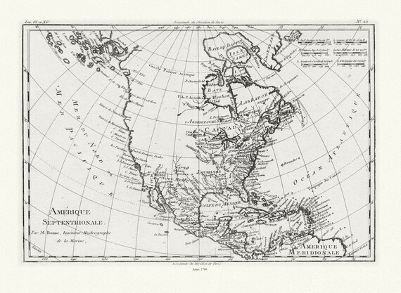 Bonne, Amérique septentrionale, 1780, map on heavy cotton canvas, 22x27" approx.