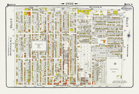 Plate 31, Toronto West, Dovercourt & Bloorcourt, North of Bloor St., 1910 , map on heavy cotton canvas, 20 x 30" approx.