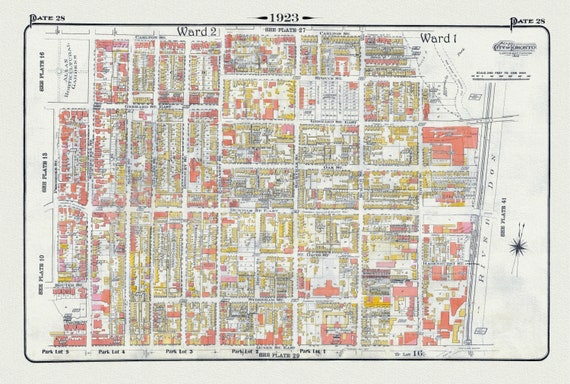 Plate 28, Toronto Downtown East, Cabaggetown, 1923, Map on heavy cotton canvas, 18x27in. approx.