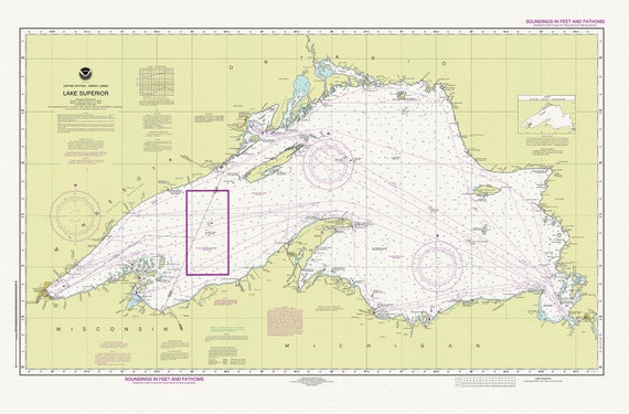 Nautical Chart of Lake Superior, 2016, map on heavy cotton canvas, 50 x 70cm, 20 x 25" approx.