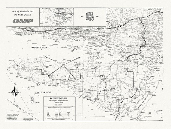 Map of Manitoulin and the North Channel 1862 to 1962, map on durable cotton canvas, 50 x 70 cm, 20 x 25" approx.