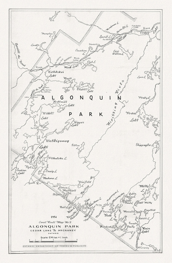 Canoe Route Map No. 9, Algonquin Park, 1954 , map on heavy cotton canvas, 22x27" approx.