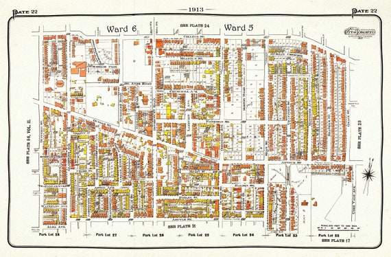 Plate 22, Toronto West, Parkdale, Brockton Village, 1913, map on heavy cotton canvas, 20 x 30" approx.