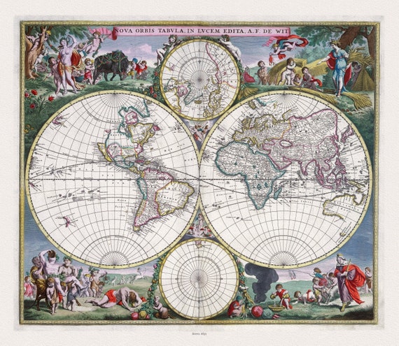 Wit, Nova Orbis Tabula, in Lucem Edita,1682, Map on heavy cotton canvas, 22x27in. approx.