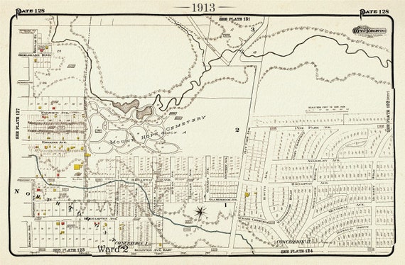 Plate 128, Toronto Northeast, Mount Hope Cemetery, 1913, map on heavy cotton canvas, 20 x 30" or 50 x 75cm. approx.