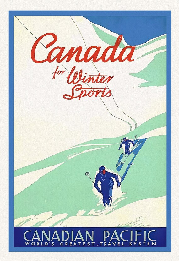 Canada for Winter Sports, Canadian Pacific Travel , vintage poster on heavy cotton canvas, 45 x 65 cm, 18 x 24" approx.