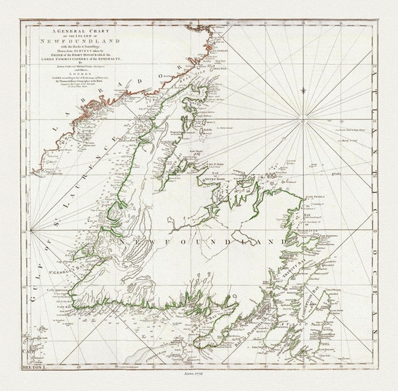 A General Chart Of The Island Of Newfoundland, 1776, Author: Jefferys, on heavy cotton canvas, 20x24" approx.