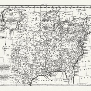 Eine neue & genaue Karte von Louisiana, mit Teilen von Florida und Kanada und den angrenzenden Ländern, 1752, Bowen auth. canvas, 50 x 25" ca.