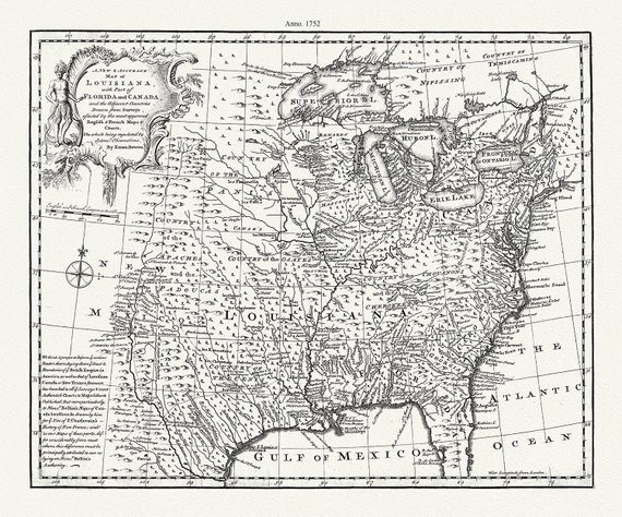 A new & accurate map of Louisiana, with part of Florida and Canada, and the adjacent countries, 1752, Bowen auth. canvas, 20 x 25" approx.