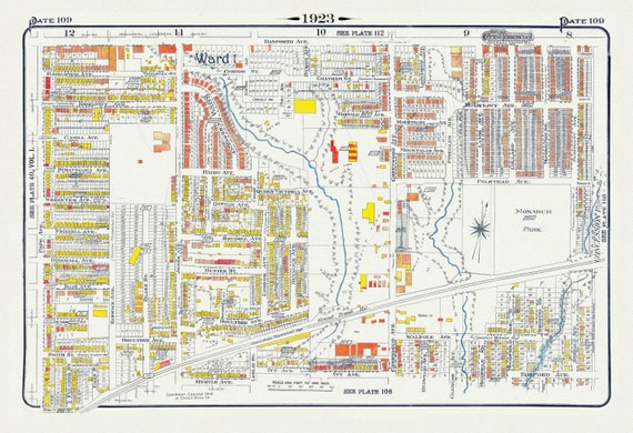 Plate 109, Toronto East,  Leslieville North, Monarch Park, 1923, Map on heavy cotton canvas, 18x27in. approx.