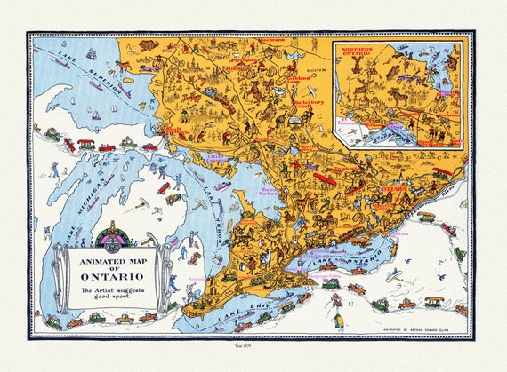 Master et Elias, An Animated Map of Ontario, 1929 , map on heavy cotton canvas, 22x27" approx.