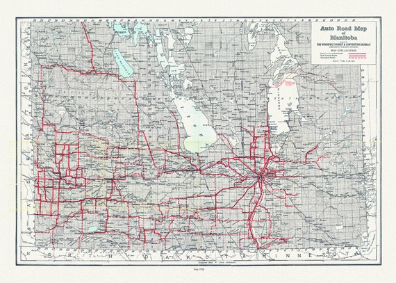 Manitoba, Auto road map, 1926, map on durable cotton canvas, 50 x 70 cm, 20 x 25" approx.