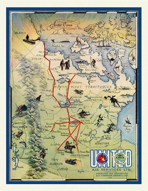 North West Territories (NWT), United Air Services Ltd, 1942 , vintage print on canvas, 50 x 70 cm, 20 x 25" approx.