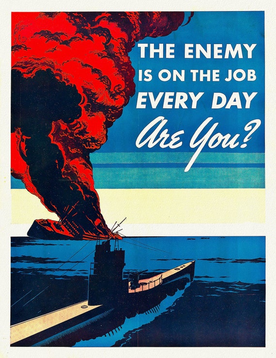The Enemy is on the Job Every Day, vintage war poster on durable cotton canvas, 50 x 70 cm, 20 x 25" approx.