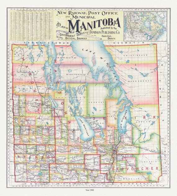 New railway, post office and municipal map of Manitoba  compiled from the latest government surveys and other official sources.1900