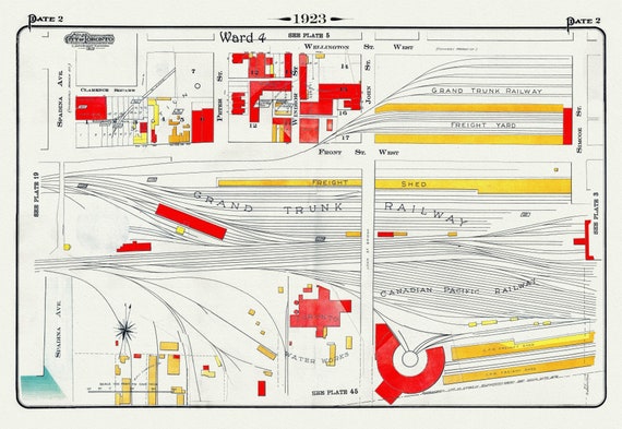 Plate 2, Toronto Downtown, Waterfront, Railway Yards, 1923, Map on heavy cotton canvas, 22x27in. approx.