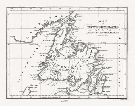 Map of Newfoundland in British America, McGregor auth., 1832, map on heavy cotton canvas, 45 x 65 cm, 18 x 24" approx.