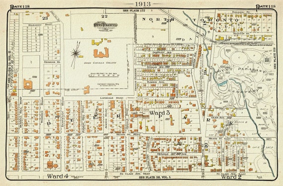Plate 118, Toronto Uptown West, UCC, St.Clair, 1913, map on heavy cotton canvas, 20 x 30" or 50 x 75cm. approx.