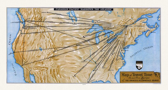 Canadian Pacific, Map of Travel Time To and From Europe Via the Shorter St. Lawrence Seaway, 1938, 20x27", Map on heavy cotton canvas