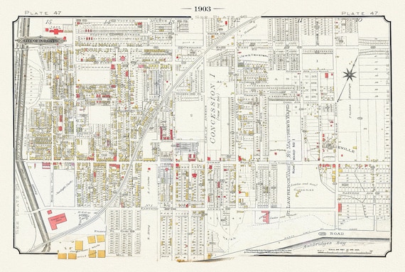 Plate 47, Toronto East, Riverdale & Leslieville, 1903, map on heavy cotton canvas, 20 x 30" or 50 x 75cm. approx.