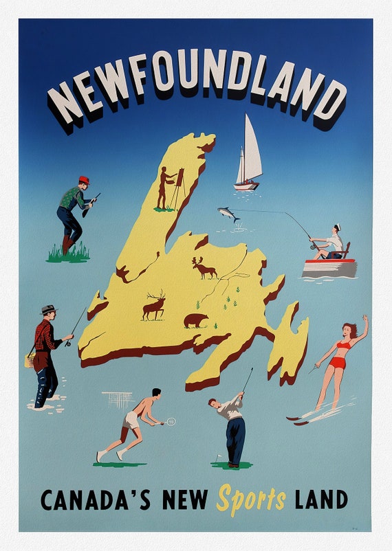 Newfoundland, Canadas New Sports Land, vintage print on canvas, 50 x 70 cm, 20 x 25" approx.