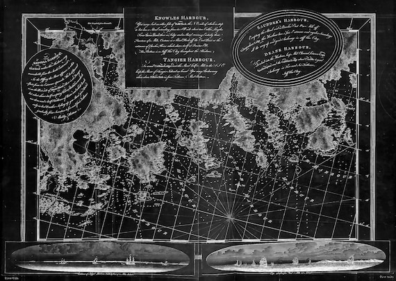 Des Barres, The Sea Coast of Nova Scotia-Keppel Harbor, Knowles Harbor, Tangier Harbor, etc.-1777 , map,canvas, 50 x 70 cm, 20 x 25" approx.