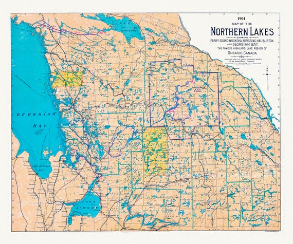 Muskoka-Haliburton:  Map of the Northern Lakes, 1901, map on heavy cotton canvas, 22x27" approx.