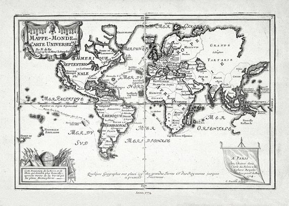 Fer, Mappe-monde, ou Carte Universelle, 1774 Ver. II ,Map on heavy cotton canvas, 22x27in. approx.