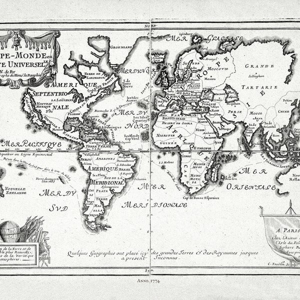 Fer, Mappe-monde, ou Carte Universelle, 1774 Ver. II ,Map on heavy cotton canvas, 22x27in. approx.