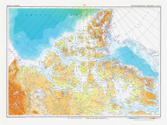 Canada. Department of Mines and Technical Surveys, Bathy-orography,  Northern Canada, 1957, map on heavy cotton canvas, 22x27" approx.