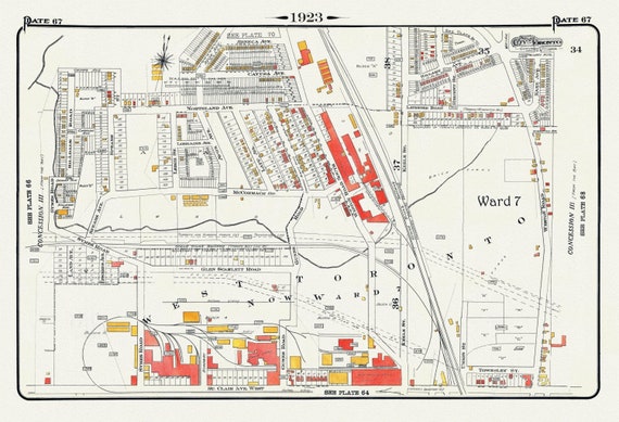 Plate 67, Toronto West, Stockyards North, 1923, Map on heavy cotton canvas, 18x27in. approx.