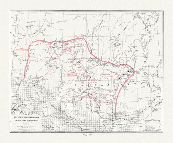 New Northwest Exploration, in Portions of Alberta and Saskatchewan, 1909  , map on durable cotton canvas, 50 x 70 cm, 20 x 25" approx.