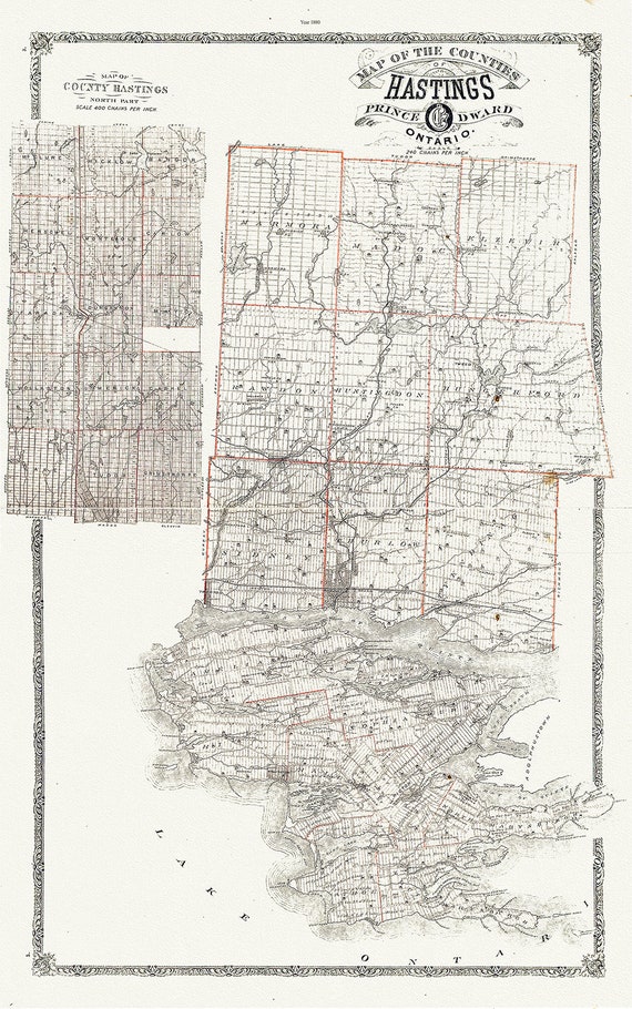 Map of Hastings County, Ontario, 1880 , map on heavy cotton canvas, 45 x 65 cm, 18 x 24" approx.
