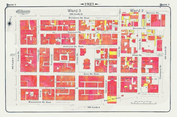 Plate 7, Toronto Downtown East, St. James Cathedral, Jarvis St.,1923, Map on heavy cotton canvas,18x27in. approx.