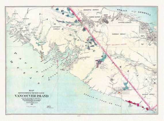 Map shewing portion of the west coast of Vancouver Island, G. B. Martin ,auth., 1897 , map on heavy cotton canvas, 20 x 25" approx.