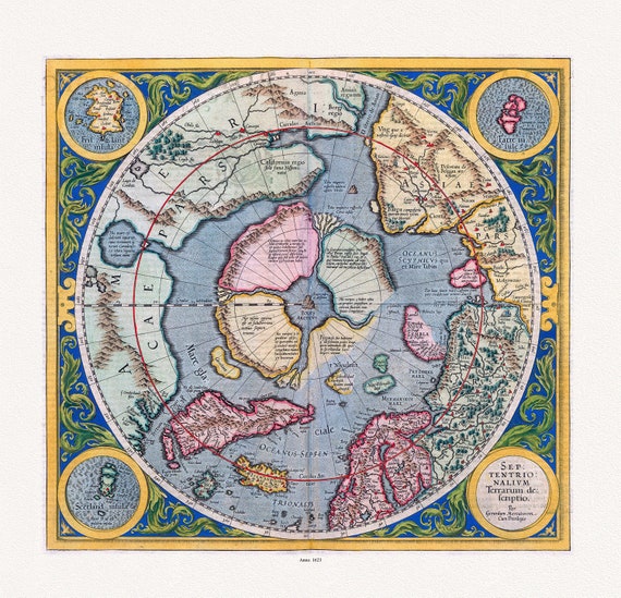 Mercator et Hondius, Septentrionalium Terrarum descriptio. Per Gerardum Mercatorem Cum Privilegio, 1623, on heavy cotton canvas, 22x27in.