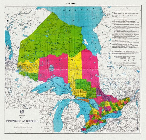 Map of the Province of Ontario, Dominion of Canada, 1912, map on heavy cotton canvas, 22x27" approx.