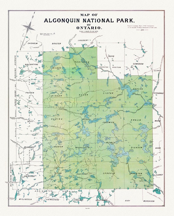 Historic Algonquin Park Map, Algonquin Park Commission, 1893, map on heavy cotton canvas, 20x27" approx.